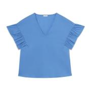 Oltre Poplin Volang Blus Blue, Dam