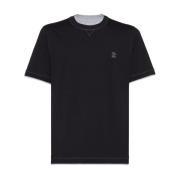 Brunello Cucinelli Broderad Logo Crew Neck T-shirts Black, Herr