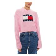 Tommy Hilfiger Rosa Stickad V-ringad Tröja Pink, Dam