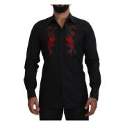 Dolce & Gabbana Elegant bomullsskjorta med blommor broderi Black, Herr