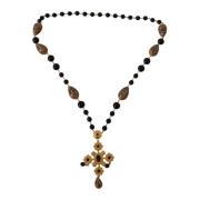 Dolce & Gabbana Leopard Print Crystal Cross Pendant Necklace Multicolo...