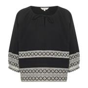 Part Two Svart Border Print Blus 3/4 Ärmar Black, Dam