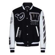 Off White Svart Ull Varsity Jacka Logo Patches Multicolor, Herr