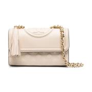 Tory Burch Kräm Quiltad Crossbody-väska med Tassel Beige, Dam