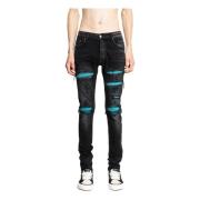 Amiri Svarttvättade Denim Skinny Jeans med Läder Patches Black, Herr