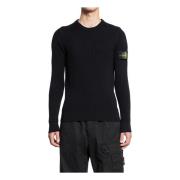 Stone Island Svart Ribbstickad Crewneck Tröja Black, Herr