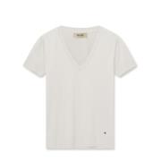 MOS MOSH Mjuk V-ringad Tee Top i Ecru White, Dam