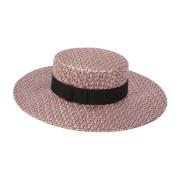 Nina Ricci Randig Raffia Canotier Hatt i Mauve Pink, Dam