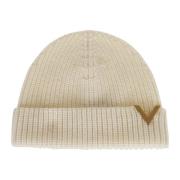 Valentino Garavani Kashmir Stickad Beanie med Metall VLogo Beige, Dam