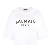 Balmain Ribbad Bomull Crew-Neck T-shirt White, Dam