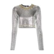 Paco Rabanne Metallic Mesh Sweater med Stud Embellishment Gray, Dam