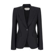 Alexander McQueen Grå Pinstripe Peak Revers Jacka Black, Dam