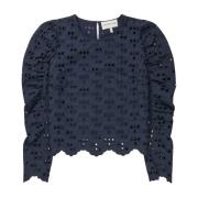 Munthe Broderad Navy Topp med Puffärmar Blue, Dam