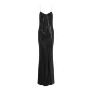 Saint Laurent Svart Satin V-ringad Lång Klänning Black, Dam