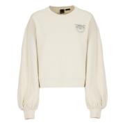 Pinko Ivory Bomullsweatshirt med Strass Logo Beige, Dam