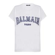 Balmain T-shirt med gingham mönster i Paris design White, Dam