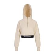 Palm Angels Vit Crop Hoodie med Logoband White, Dam