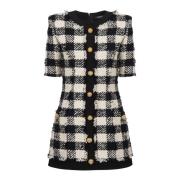 Balmain Gingham tweed och crepe klänning Black, Dam