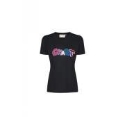 FABIENNE CHAPOT Broderad Svart T-shirt med Rund Hals Black, Dam