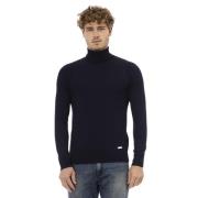 Baldinini Blå Ribbad Ull Turtleneck Tröja Blue, Herr