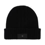 Y-3 Räfflad ull beanie hatt med logopatch Black, Herr