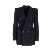 Balenciaga Tweed Blazer med Bred Revers Black, Dam