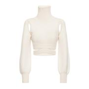 Andrea Adamo Räfflad Ullblandad Crop Sweater White, Dam