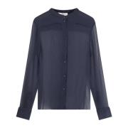 Chloé Silk Crew-Neck Skjorta med Transparent Effekt Blue, Dam