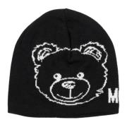 Moschino Abstrakt Teddybjörn Beanie med Logo Black, Dam