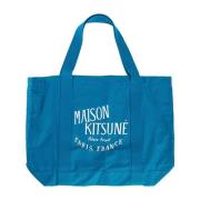 Maison Kitsuné Blå Canvas Shoppingväska med Palais Royal Logo Blue, Da...