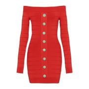 Balmain Stickad klänning med off-shoulder och ribbdetaljer Red, Dam