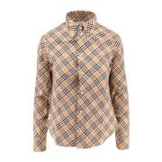 Burberry Rutig bomullst-shirt med knappkrage Beige, Dam