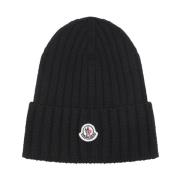 Moncler Virgin Wool Hat i Svart Black, Dam