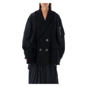 Sacai Svart Melton Hybrid Jacka ytterkläder Black, Dam