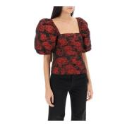 Ganni Blommig Jacquard Ballongärm Blus Red, Dam