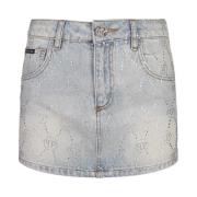 Philipp Plein Blå Rhinestone Mini Denim Kjol Blue, Dam