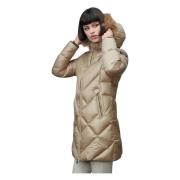 Blauer Geometriskt Quiltad Lång Dunjacka Beige, Dam