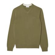 Lacoste V-ringad Bomullströja i Khaki Green, Herr