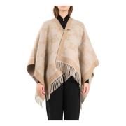 Max Mara Studio Monogram Jacquard Ull Poncho med Fransar Beige, Dam