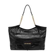 Love Moschino Svart Croco Shopper Väska med Guldlogotyp Black, Dam