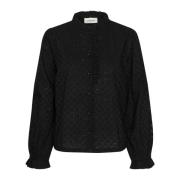 Cream Svart Broderie Anglaise Blus Black, Dam