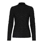 Cream Texturerad svart blus med hög hals Black, Dam