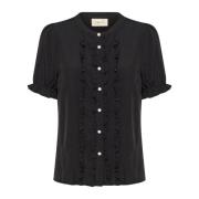 Cream Svart Ruffle Blus med Mandarin Krage Black, Dam