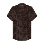 Balmain Monogram Print SS Skjorta Mörkbrun/Svart Brown, Herr