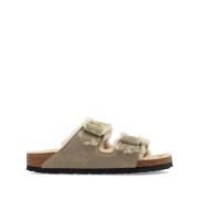 Birkenstock Fårskinn Foder Öppen Tå Platta Skor Brown, Dam