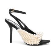 Moschino Svarta Satinstilettosandaler med Faux-Pärldekoration Black, D...