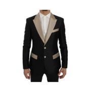 Dolce & Gabbana Svart Beige Sidensblazer Slim Fit Black, Herr