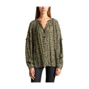 Essentiel Antwerp Khaki Snakeskin Blus med Ruffle Ärmar Brown, Dam