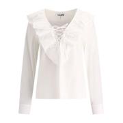 Ganni Vit Ruffle Blus Elegant Chic Stil White, Dam