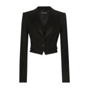 Dolce & Gabbana Gabardine Cropped Blazer Jacka Peak Revers Black, Dam